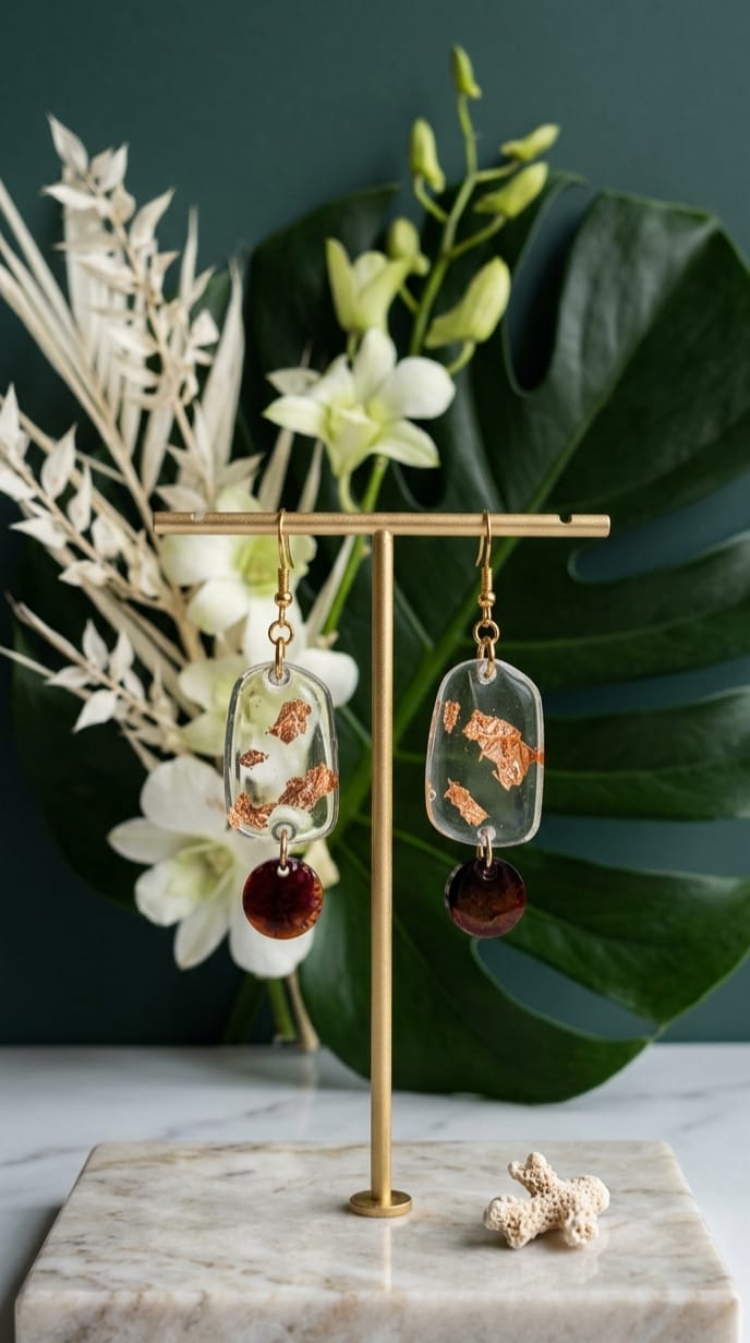 Boucles d'oreilles transparentes à éclats cuivrés et perle bordeaux