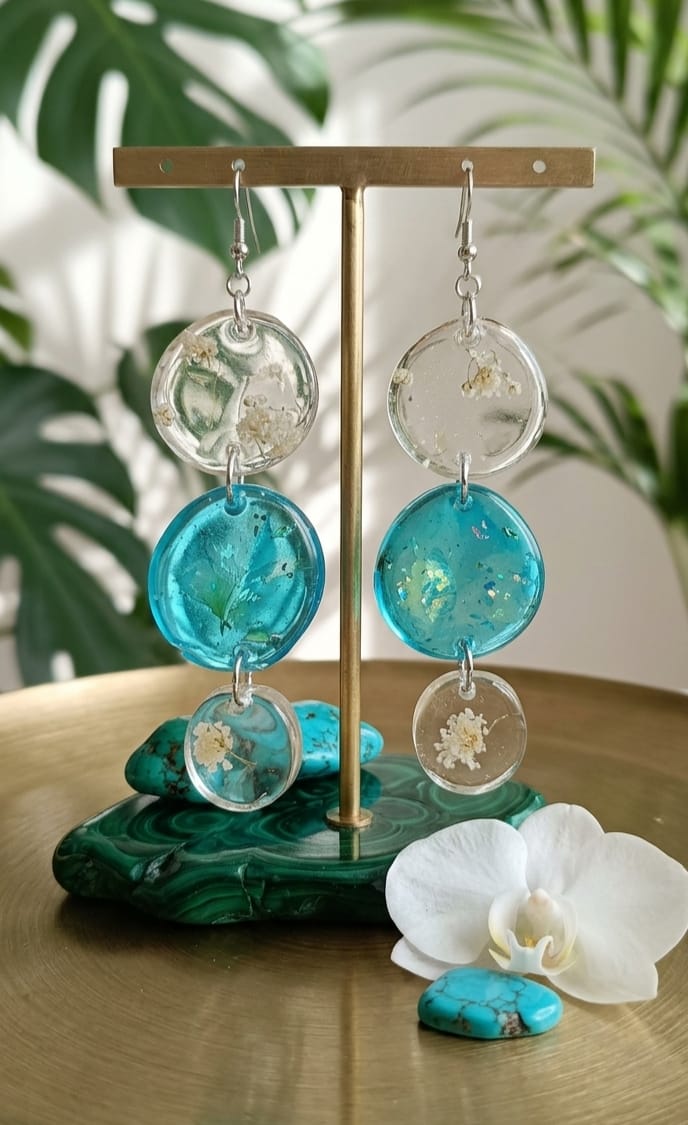 Boucles d'oreilles triple cercle turquoise et transparent