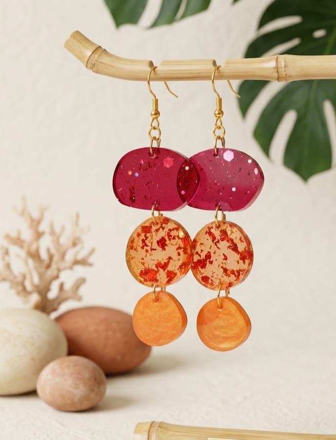 Boucles d'oreilles triple disque corail et orange